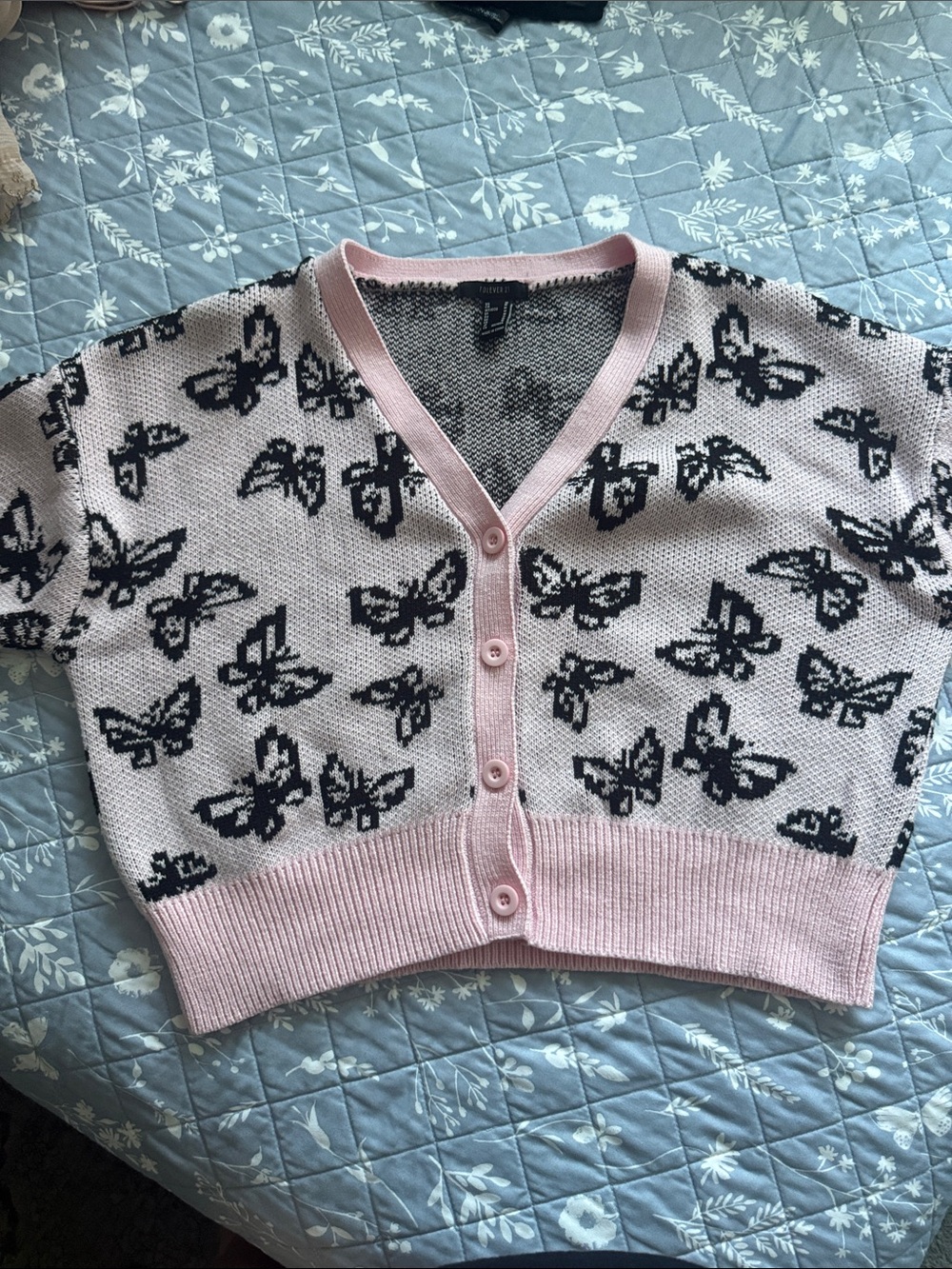 Forever 21 Pink Butterfly Pattern Button-Front Women's Cardigan Sweater